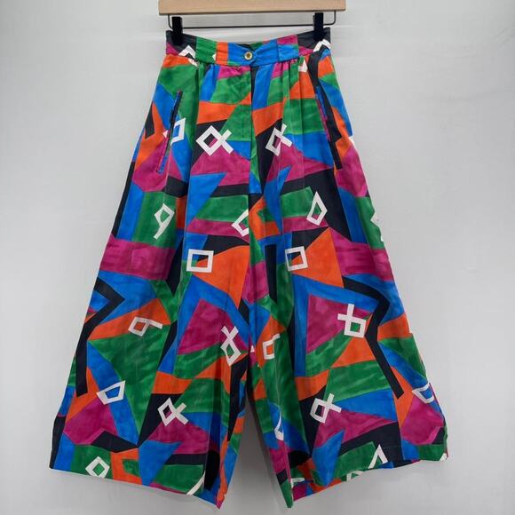 Vintage 80s Geometric Culotte Pant Set‎ Womens Small/Medium Silk Wide Leg Bright - Picture 7 of 11